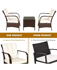 Gymax 3PCS Patio Outdoor Rattan Conversation Set Furniture Set w/ Table Cushions