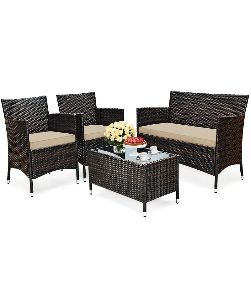 Sugift 4 Pieces Comfortable Outdoor Rattan Sofa Set with Glass Coffee Table