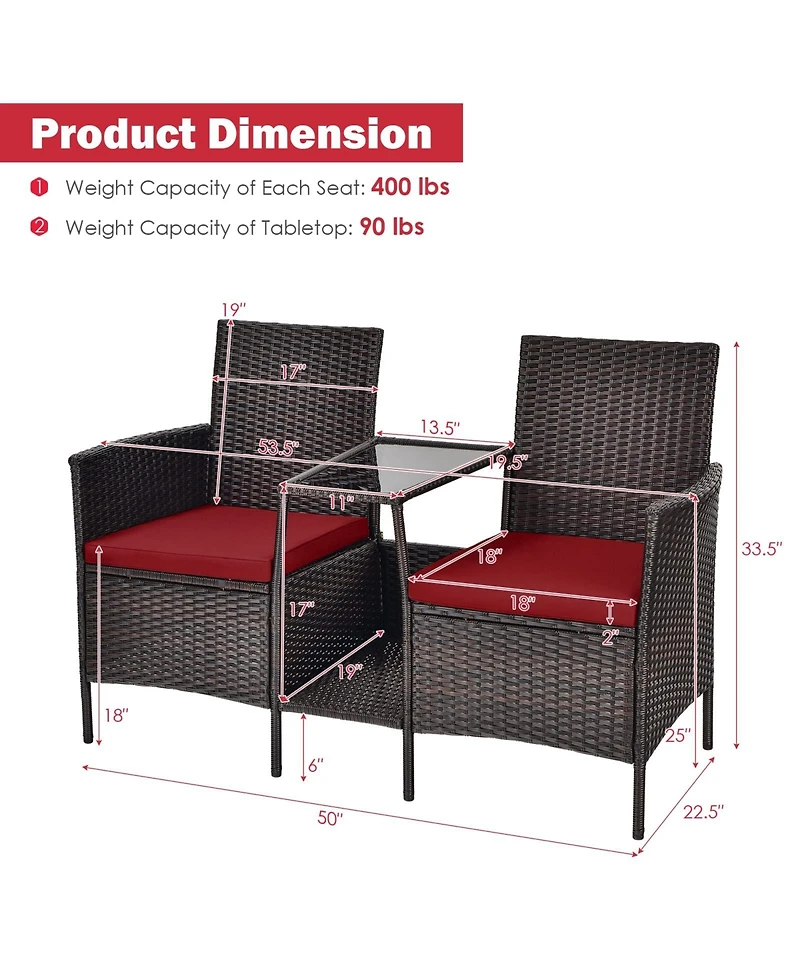 Sugift Rattan Patio Conversation Set Cushioned with Glass Table