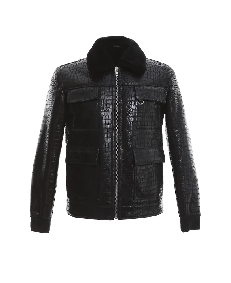 Furniq Uk Men's Black Leather Bomber Jacket, Crocodile Emboss