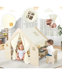 Slickblue 6-in-1 Kids Play Tent Playhouse with Blackboard 6 Storage Bins and Floor Cushion-Beige