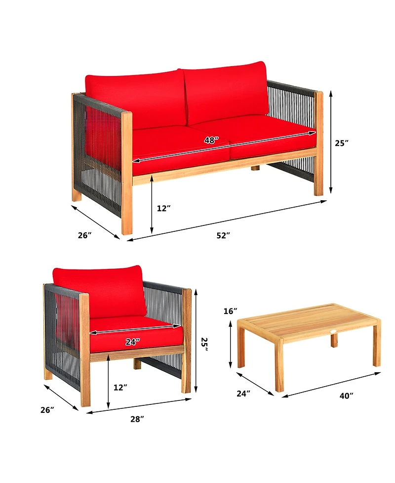 Gymax 8PCS Acacia Wood Outdoor Patio Furniture Conversation Set W/ Red Cushions