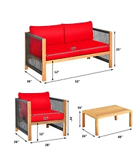 Gymax 8PCS Acacia Wood Outdoor Patio Furniture Conversation Set W/ Red Cushions