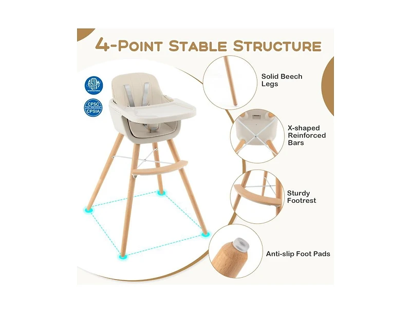 Slickblue Kids 3-in-1 Convertible Wooden High Chair with Cushion-Light Gray