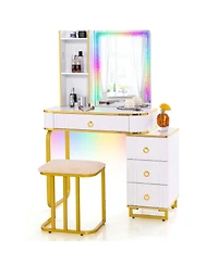Vanity Table Set with Rgb Led Lights Crystal Crush Diamond Mirror Drawers
