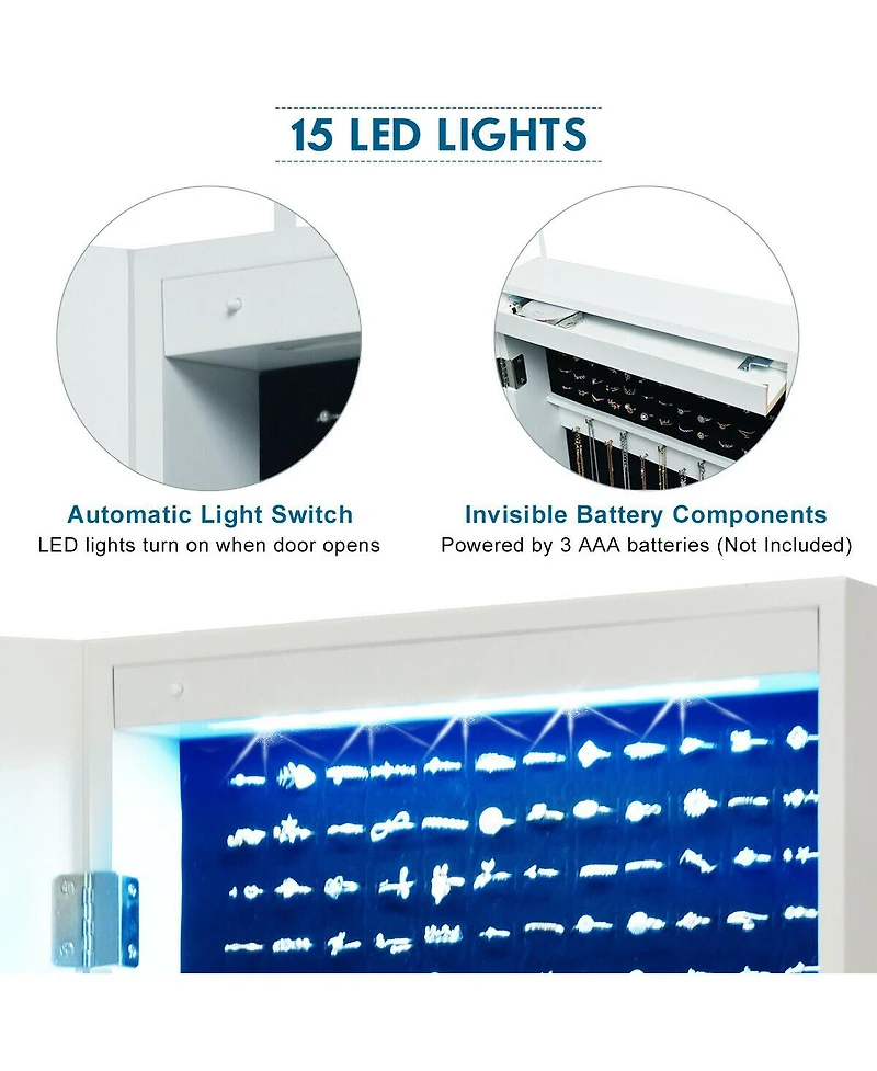 Door Mounted Lockable Mirrored Jewelry Cabinet with Led Lights
