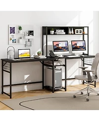 Costway L-shaped Desk with Power Outlet Large Corner Converts to 2-Person Long Rustic