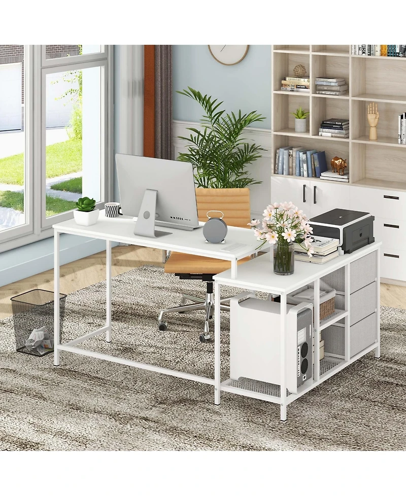 L-shaped Computer Desk with Power Outlet, Drawers, Metal Mesh Shelves