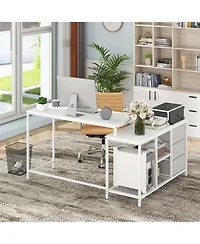 L-shaped Computer Desk with Power Outlet, Drawers, Metal Mesh Shelves