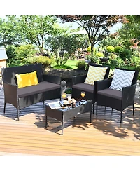 4PCS Patio Rattan Furniture Set Cushioned Sofa Coffee Table Backyard