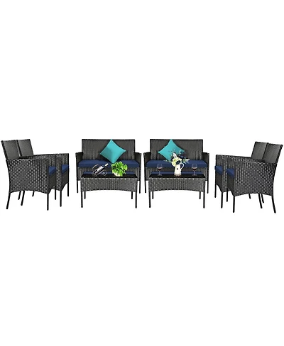 8PCS Patio Rattan Furniture Set Cushioned Sofa Coffee Table Backyard Porch Red