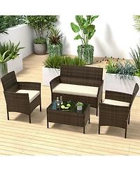 4 Pcs Patio Furniture Set with Washable Cushions and Tempered Glass Coffee Table