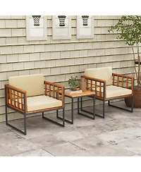 Costway 3 Pcs Patio Chair Set Acacia Wood Sofa Set with Metal Support Soft Seat Cushions