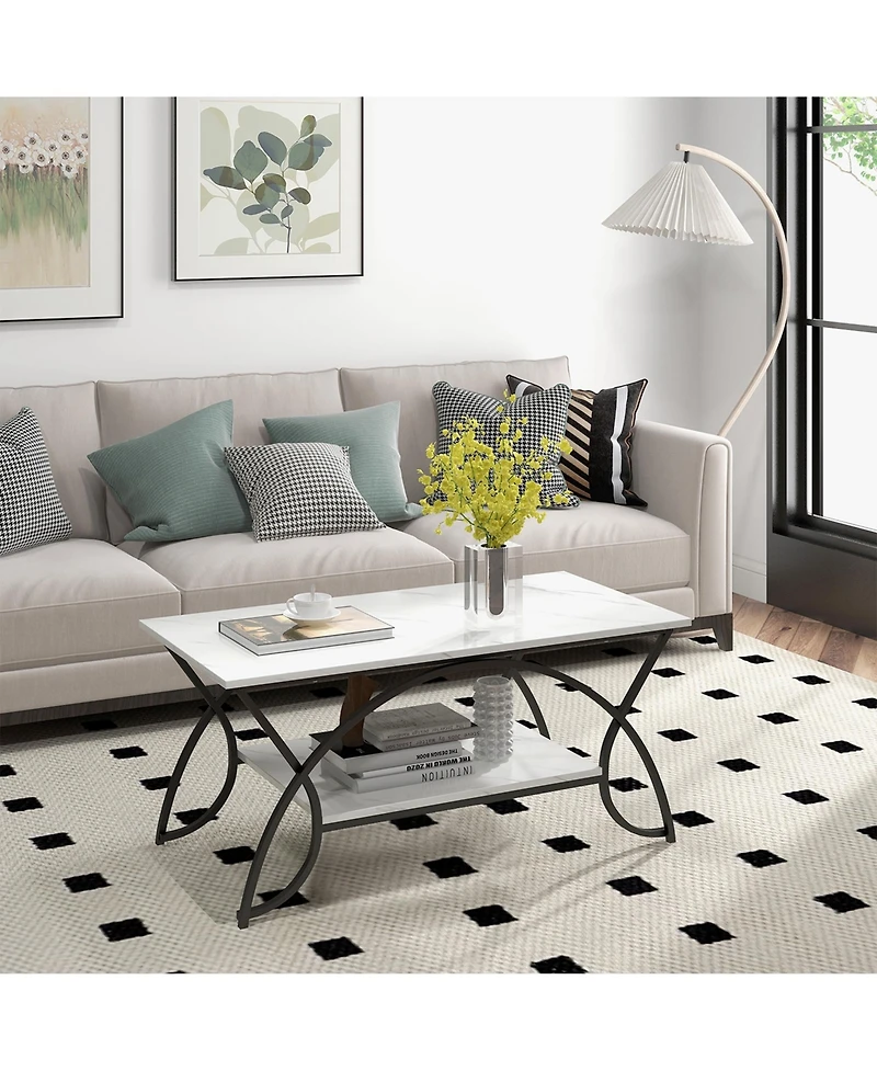 2-Tier Industrial Coffee Table Rectangular Cocktail with Storage Shelf