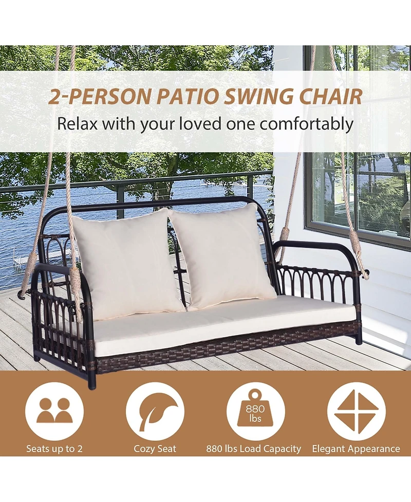 Costway Patio Swing Chair 2-Person Hanging Seat Outdoor Wicker Loveseat Cushioned Porch