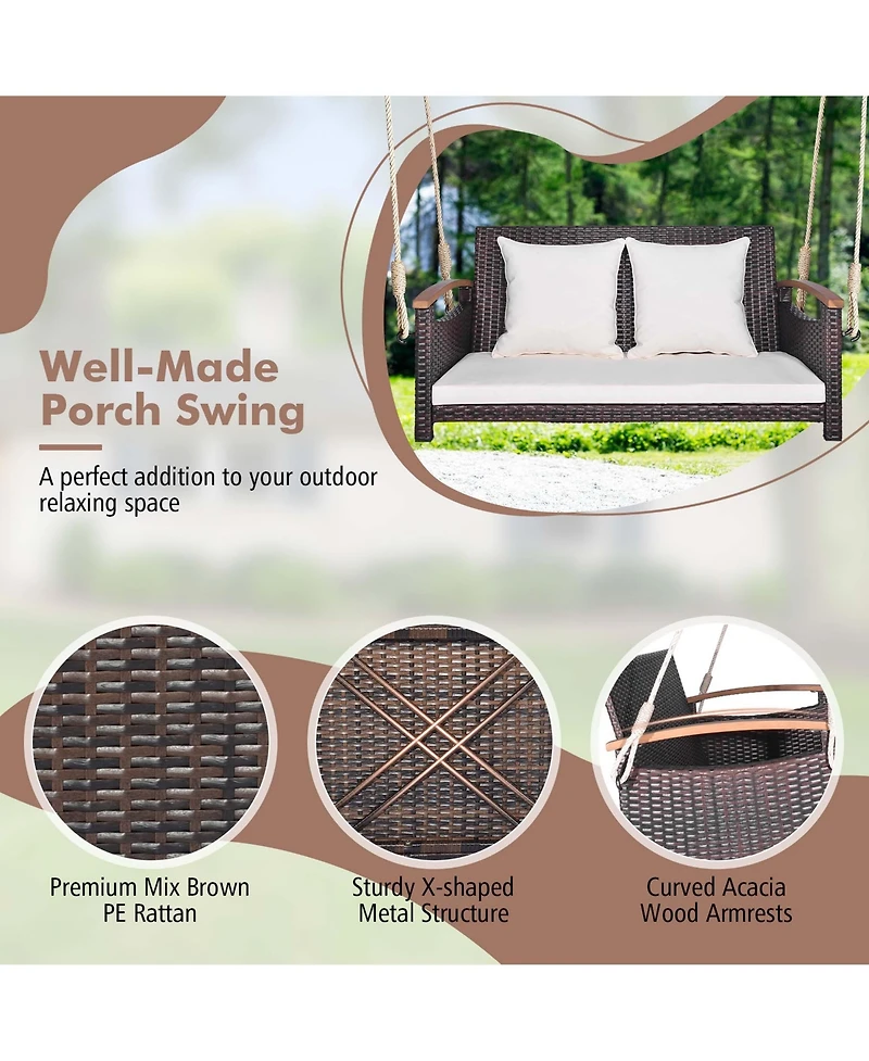 Costway Patio Rattan Porch Swing 2-Person Hanging Chair Cushioned Loveseat for Backyard