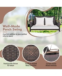 Costway Patio Rattan Porch Swing 2-Person Hanging Chair Cushioned Loveseat for Backyard