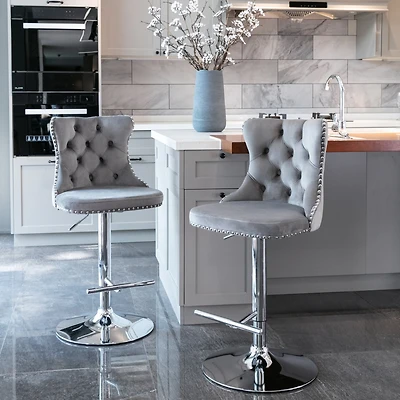 Streamdale Gray Swivel Velvet Bar Stools (Set of 2)