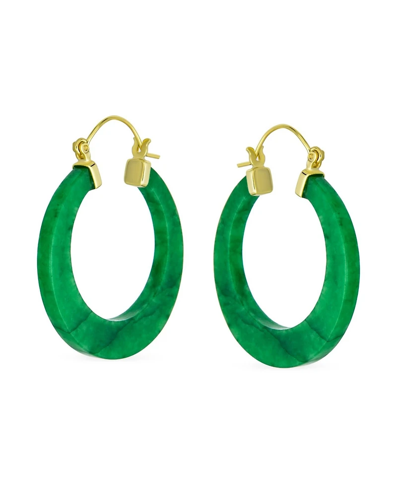 Bling Jewelry Light Green Jade Cz Hoop Earrings 14K Gold Plated Sterling Silver 1.2 Inch