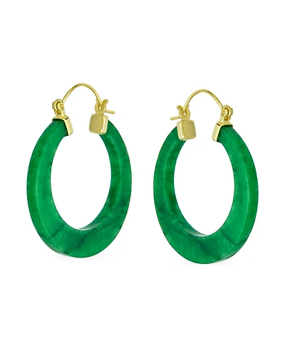 Bling Jewelry Light Green Jade Cz Hoop Earrings 14K Gold Plated Sterling Silver 1.2 Inch