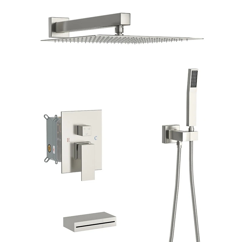 12" Rain Shower Head Systems With Waterfall Tub Spout, Brushed Nickel, Wall Mounted Shower 0000