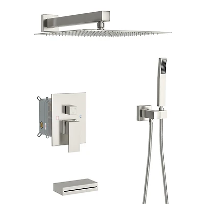 12" Rain Shower Head Systems With Waterfall Tub Spout, Brushed Nickel, Wall Mounted Shower 0000