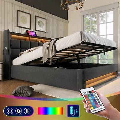 Streamdale Grey Upholstered Platform Bed with Storage & Led