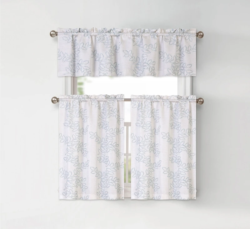 Kate Aurora Shabby Living Brielle Complete 3 Piece Embroidered Floral Cafe Kitchen Curtain Tier & Valance Set