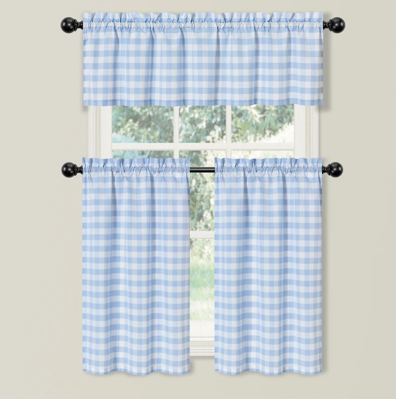 Kate Aurora Living Country Farmhouse Blue Plaid Gingham 3 Pc Kitchen Curtain Tier & Valance Set