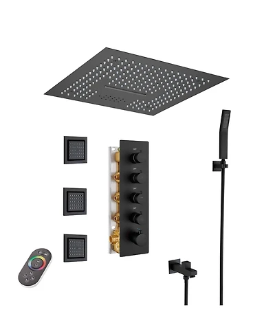 Mondawe 16" Ceiling Mounted Led Music Thermostatic Shower System Set with Handheld Spray & 3 Body Jets, Brushed Nickel