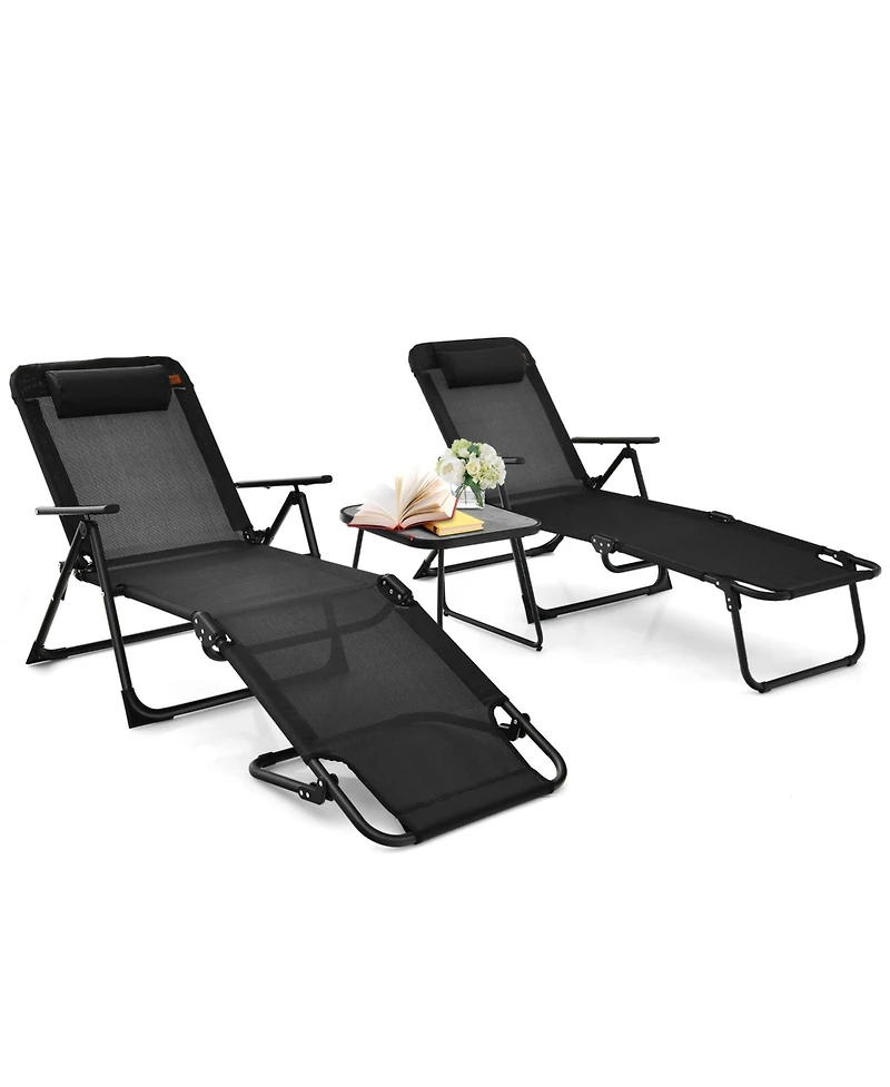 Slickblue 3 Pieces Patio Folding Chaise Lounge Set with Pvc Tabletop-Black