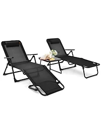 Slickblue 3 Pieces Patio Folding Chaise Lounge Set with Pvc Tabletop-Black