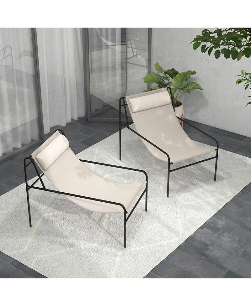 Slickblue Patio Sling Lounge Chair with Removable Headrest Pillow and Metal Frame-Beige