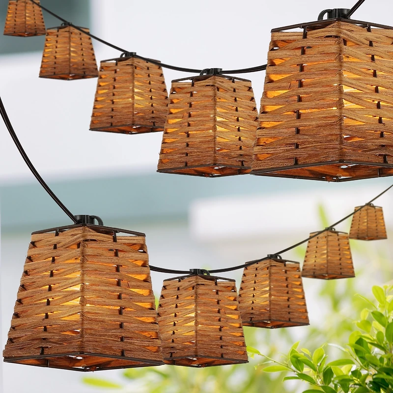 Jonathan Y Quinn 10-Light Indoor/Outdoor 10 ft. Classic Vintage Led G40 Square Bamboo Shaded String Lights, Brown