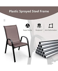 Gymax 4PCS Patio Stacking Dining Chairs w/ Curved Armrests & Breathable Seat Fabric Brown