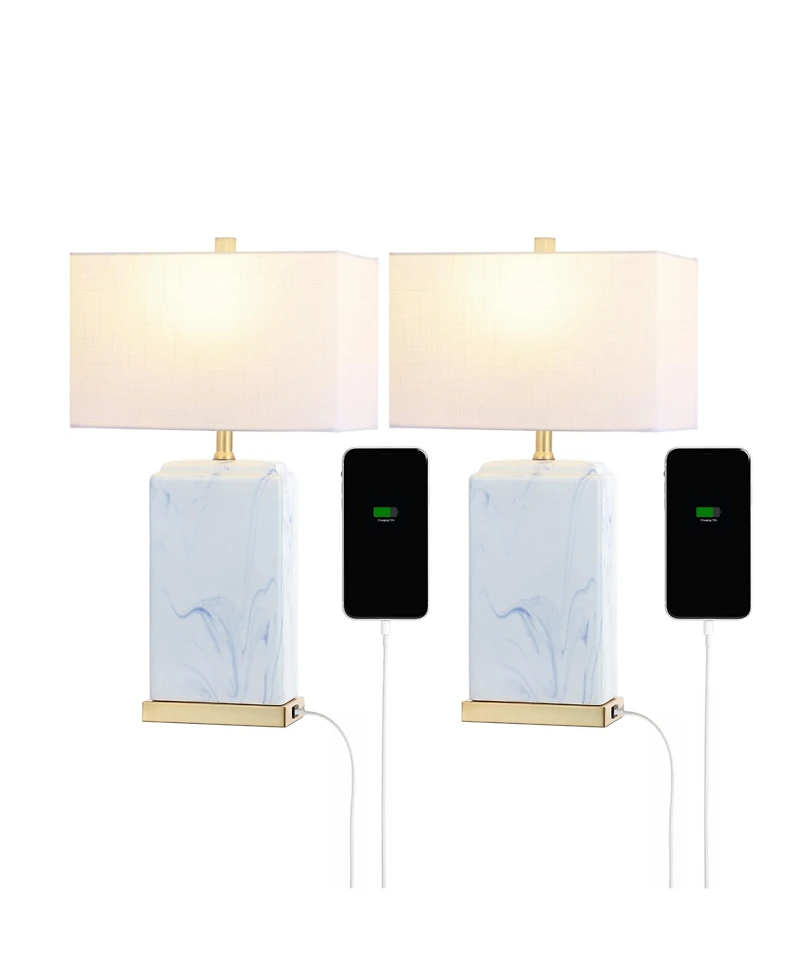 Jonathan Y Chloe 24.5" Modern Coastal Iron/Marbled Ceramic Led Table Lamp with Usb Charging Port, Blue/White (Set of 2)