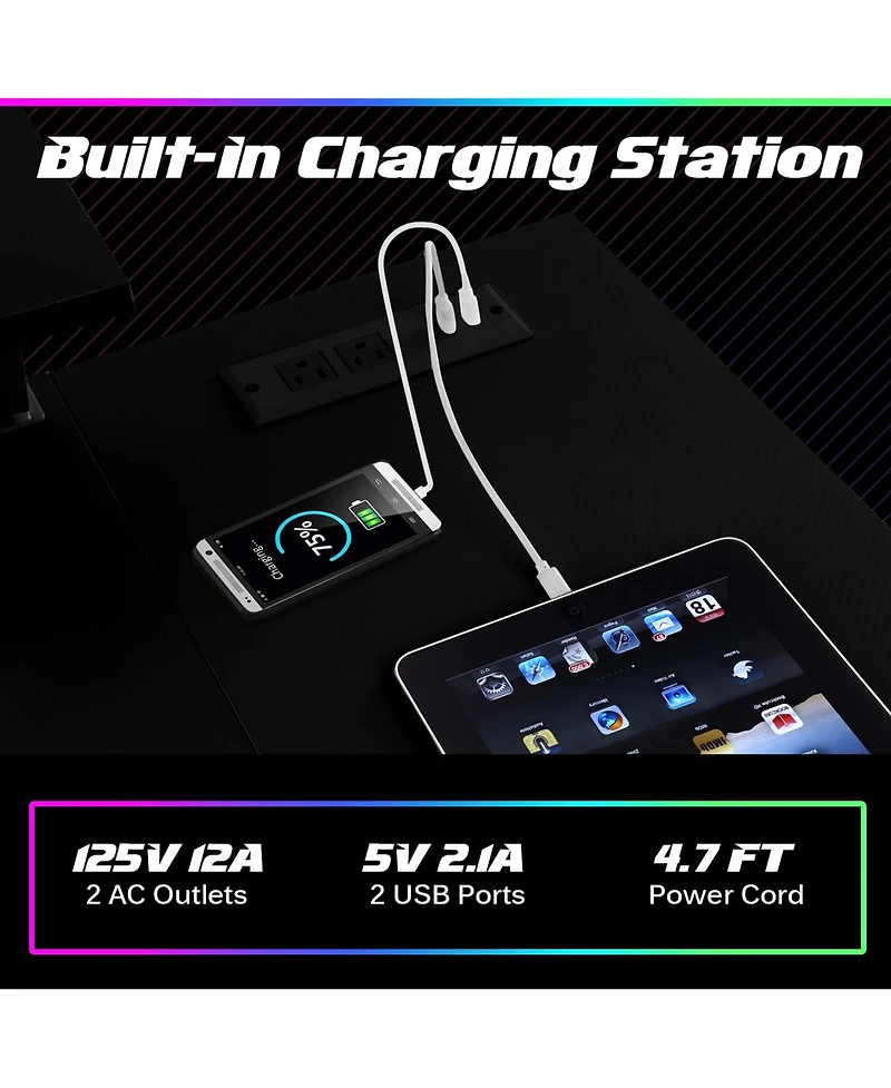Costway L-Shaped Gaming Desk with Outlets & Usb Ports Monitor Shelf Headphone Hook