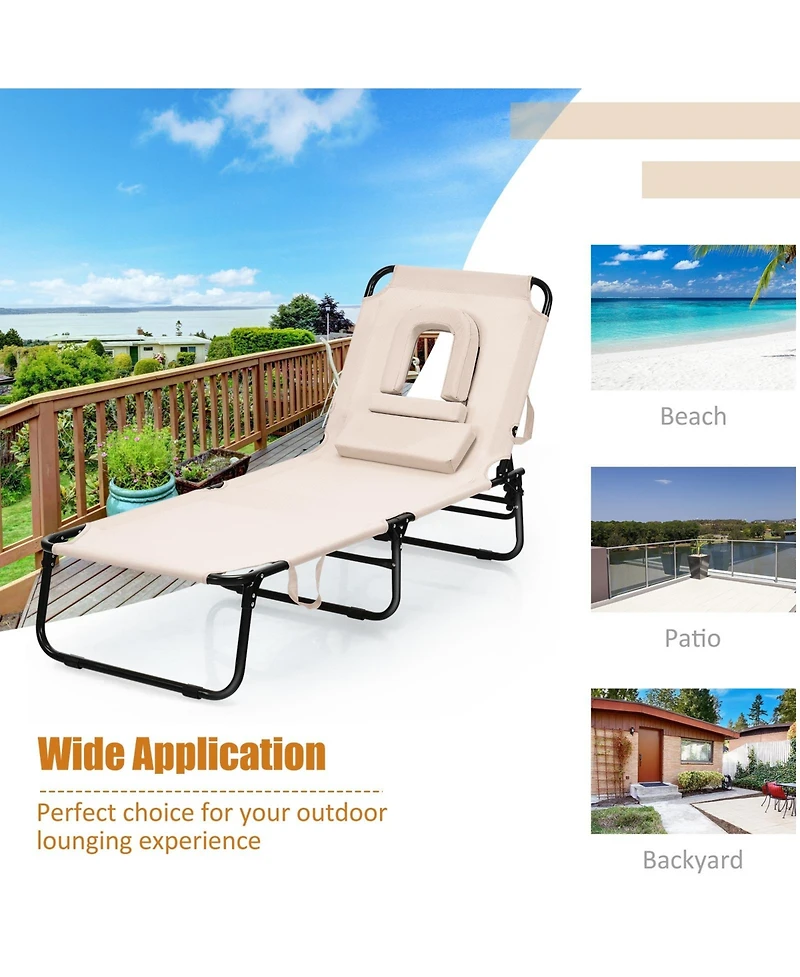 Slickblue Outdoor Folding Chaise Beach Pool Patio Lounge Chair Bed with Adjustable Back and Hole