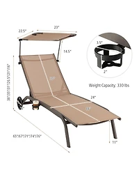 Slickblue Patio Heavy-Duty Adjustable Chaise Lounge Chair with Canopy Cup holder and Wheels-Brown