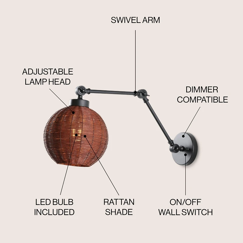 Jonathan Y Lyla 22" 1-Light Mid-Century Vintage Rattan Globe Swing Arm Led Sconce, Dark Brown/Black