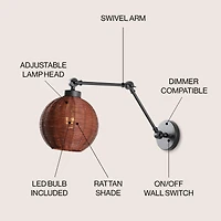 Jonathan Y Lyla 22" 1-Light Mid-Century Vintage Rattan Globe Swing Arm Led Sconce, Dark Brown/Black