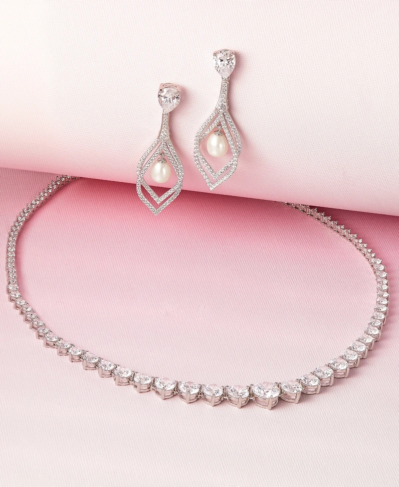 Arabella Cultured Freshwater Pearl (9 x 7mm) & Cubic Zirconia Orbital Drop Earrings in Sterling Silver