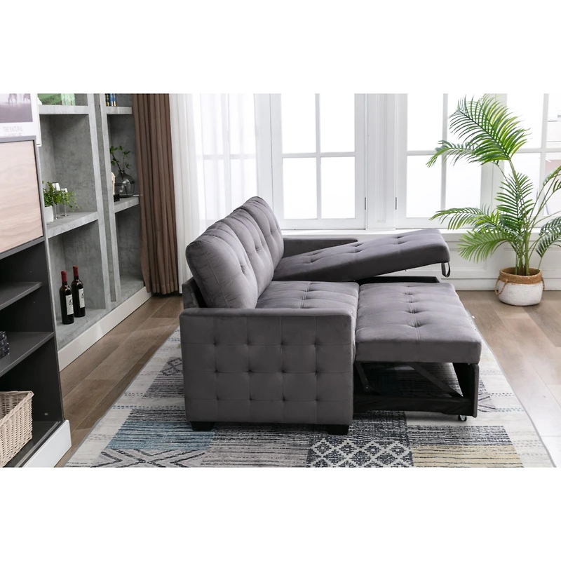 L-Shaped Velvet Sectional Sleeper Sofa, Dark Grey