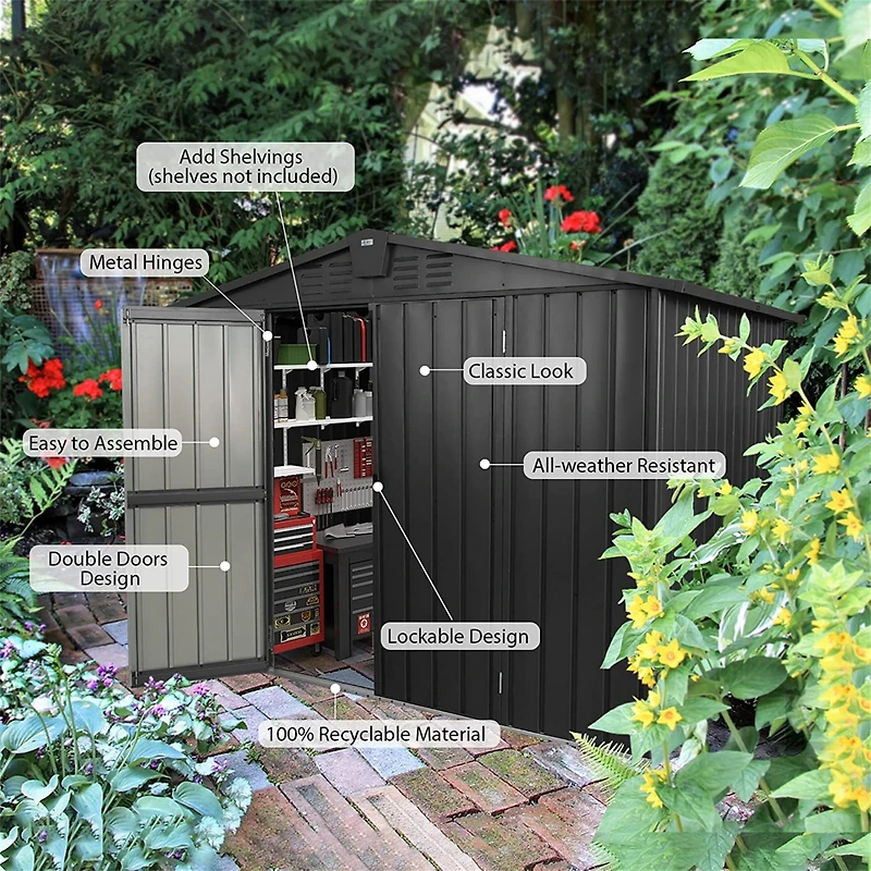 Black Metal Outdoor Storage Shed 8.2'X6.2' Lockable Cabinet