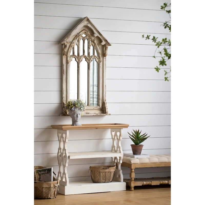 Streamdale Furniture 35.5" X 14" X 32" Distressed White And Natural Wood Shelf Tray, French Country Console Table