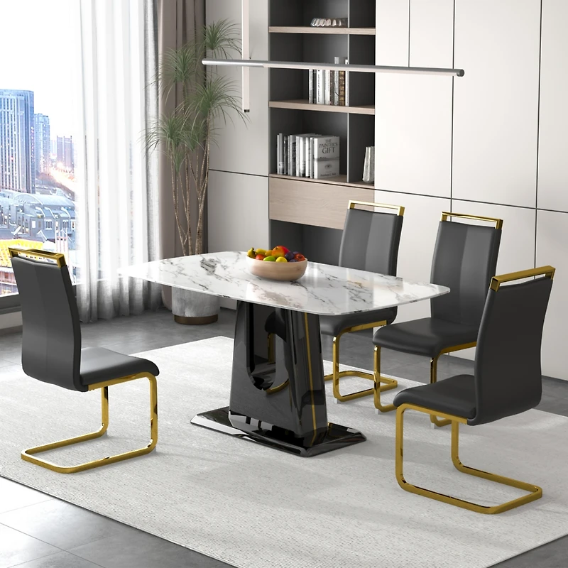 1 table and 4 chairs. Modern, simple and luxurious white imitation marble rectangular dining table and desk with 4 black Pu gold plated leg chairs 63&