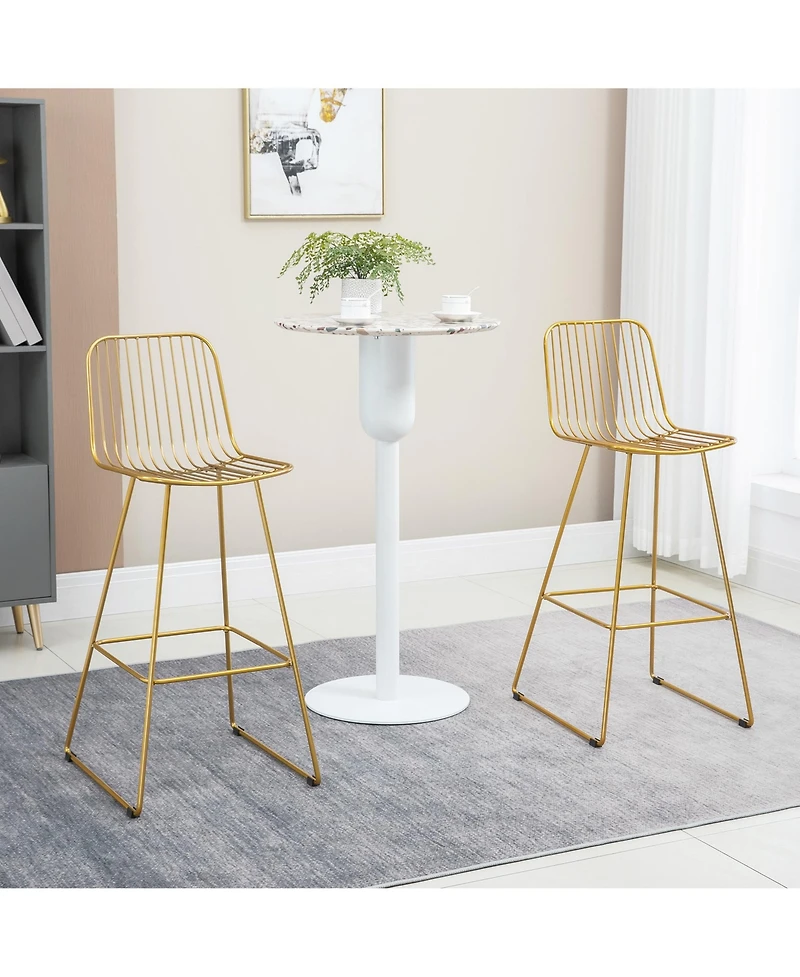 Modern Bar Stools Set of 2 Bar Chairs w/ Back Footrest Steel Frame, Gold