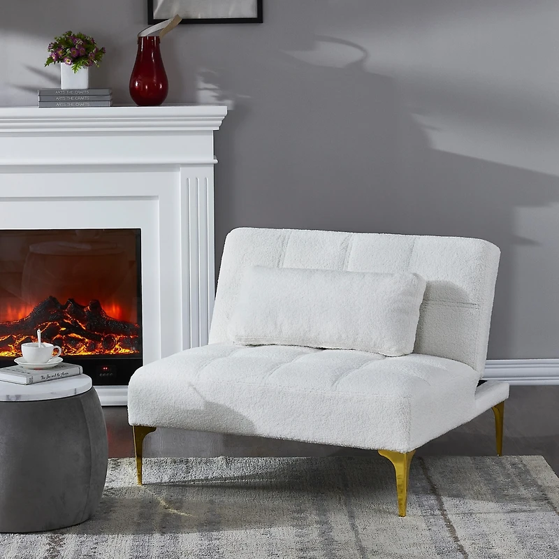 Convertible Sofa Bed Futon With Gold Metal Legs Teddy Fabric (White)