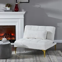 Convertible Sofa Bed Futon With Gold Metal Legs Teddy Fabric (White)