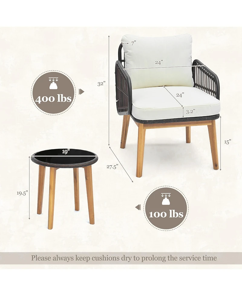 3 Pcs Patio Furniture Set with Cushioned Chairs and Tempered Glass Side Table